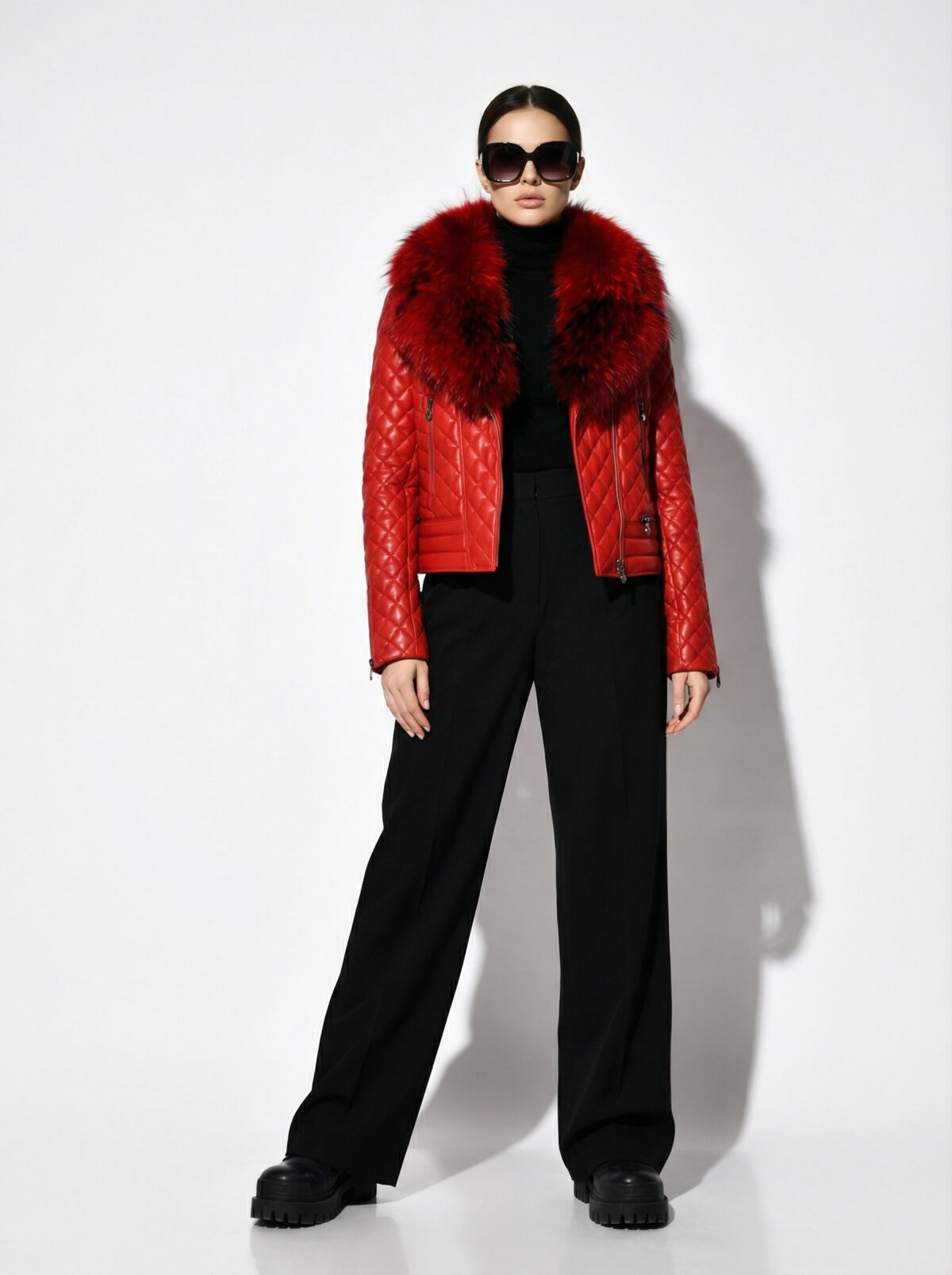 Blue Fox Fur Trim Quilted Genuine Leather Women's Biker Jacket