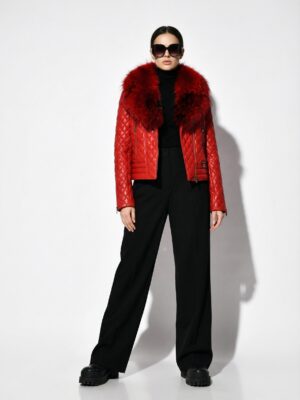 Red Fox Fur Trim Quilted Genuine Leather Women's Biker Jacket