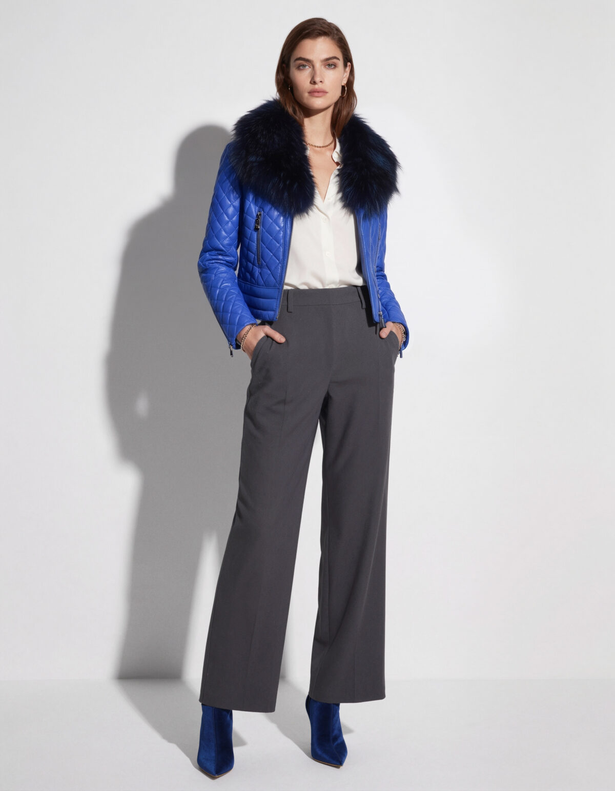 Leather Biker Jacket with Fox Fur Trim