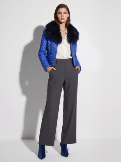 Leather Biker Jacket with Fox Fur Trim