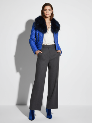 Blue Fox Fur Trim Quilted Genuine Leather Women's Biker Jacket