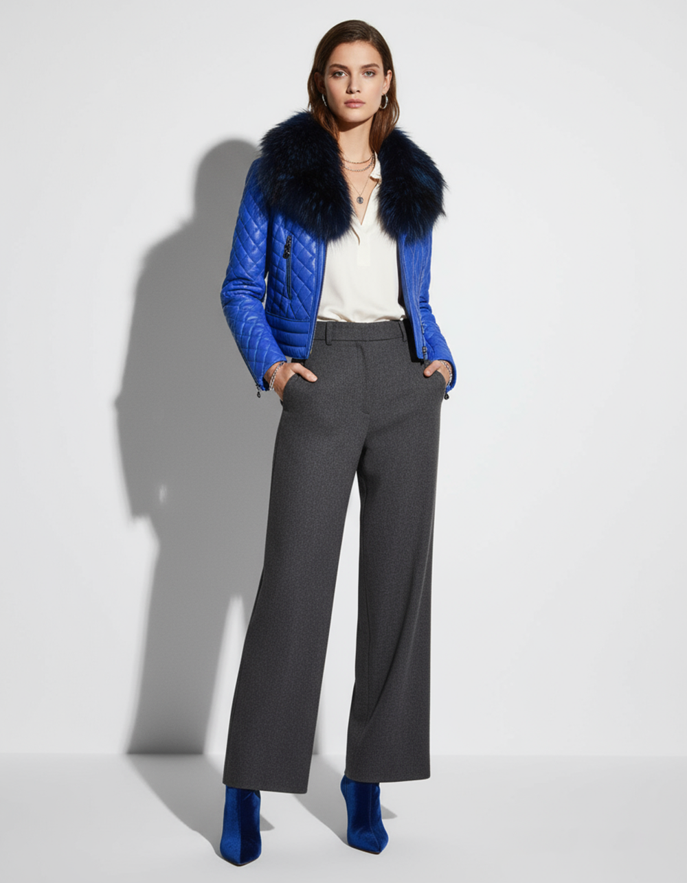 Blue Fox Fur Trim Quilted Genuine Leather Women's Biker Jacket