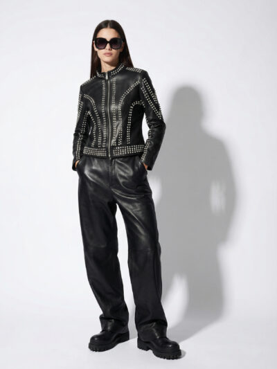 Black Lambskin Jacket with Stud and Bead Detail