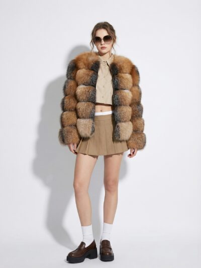 Gold Cross Fox Fur Coat: Women's Luxury Handmade Jacket