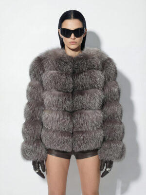 Grey Frost Fox Fur Coat: Women's Luxury Handmade Frost Jacket