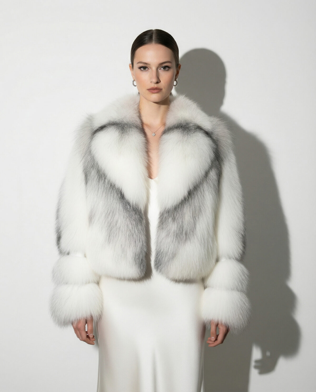 Arctic Marble Fox Fur Shadow White Coat: Women's Luxury Handmade Jacket