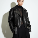Oversized Crocodile-Embossed Leather Moto Jacket