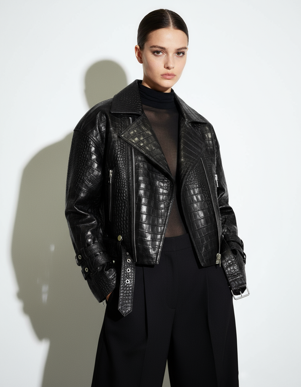 Oversized Crocodile-Embossed Leather Moto Jacket