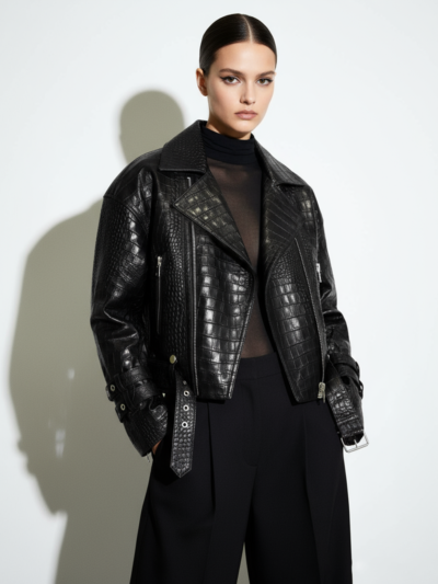 Crocodile Embossed Oversized Genuine Leather Motorcycle Biker Jacket