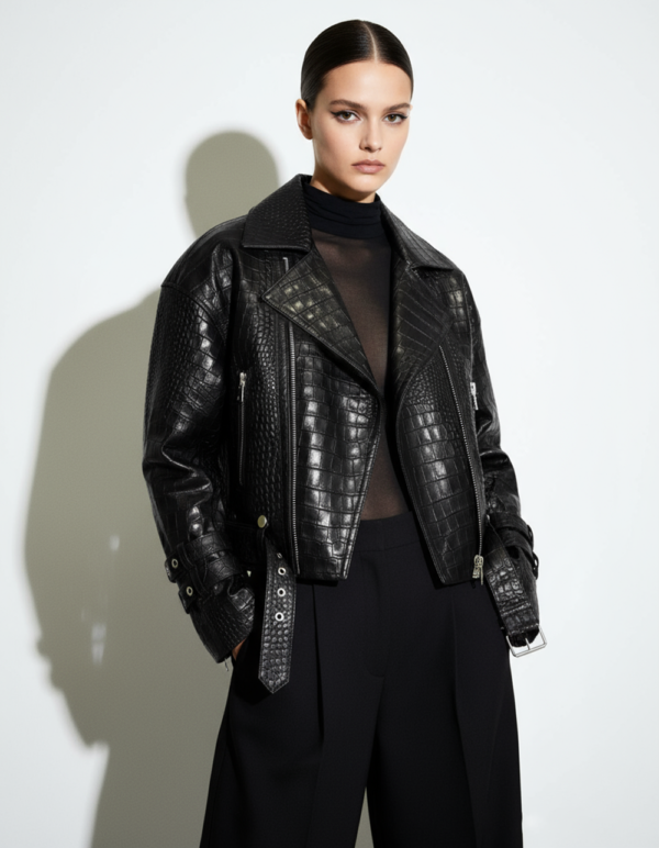 Crocodile Embossed Oversized Genuine Leather Motorcycle Biker Jacket