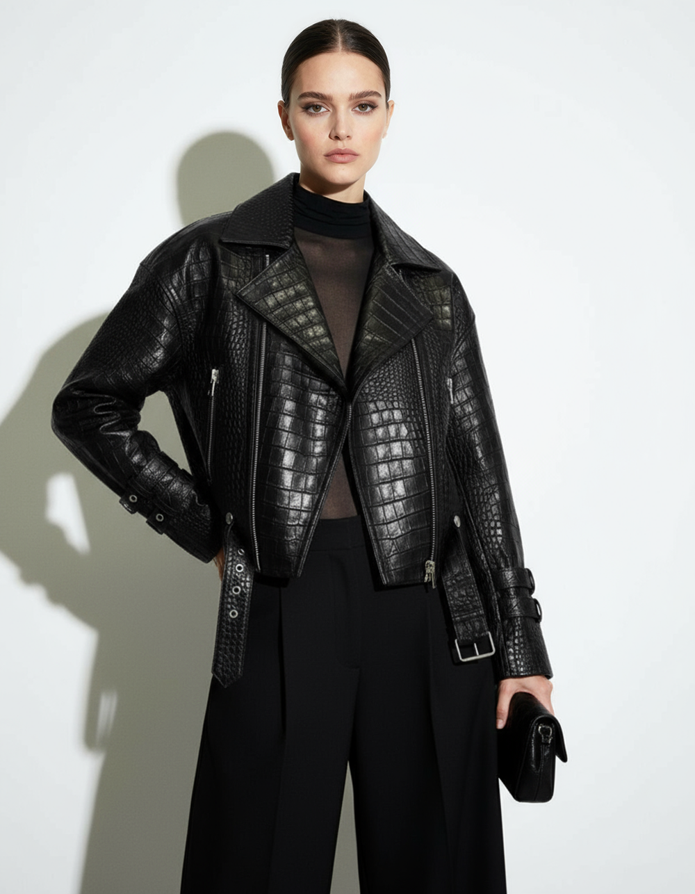 Oversized Crocodile-Embossed Leather Moto Jacket