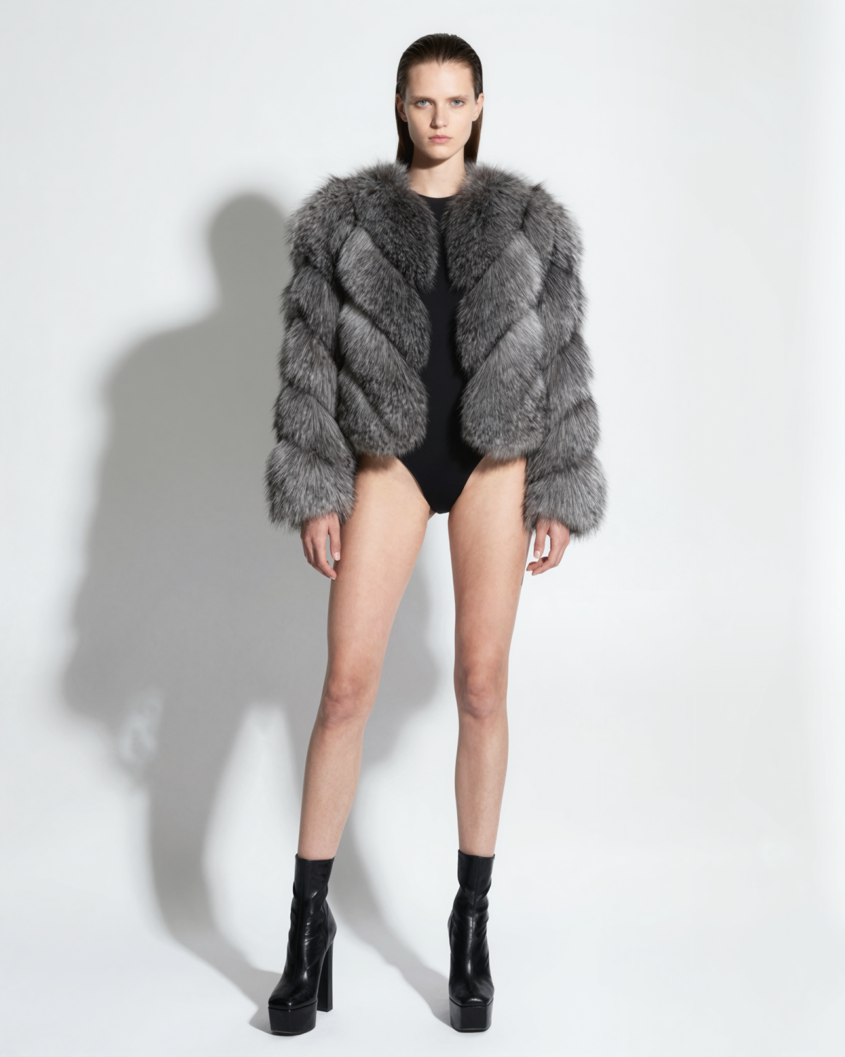 248 Grey Frost Fox Fur Diagonal Layer Jacket