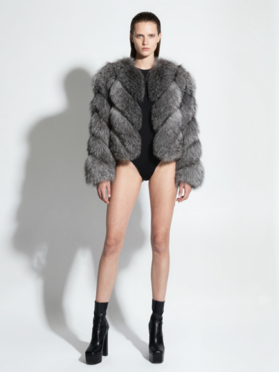 Grey Frost Fox Fur Diagonal Layer Jacket