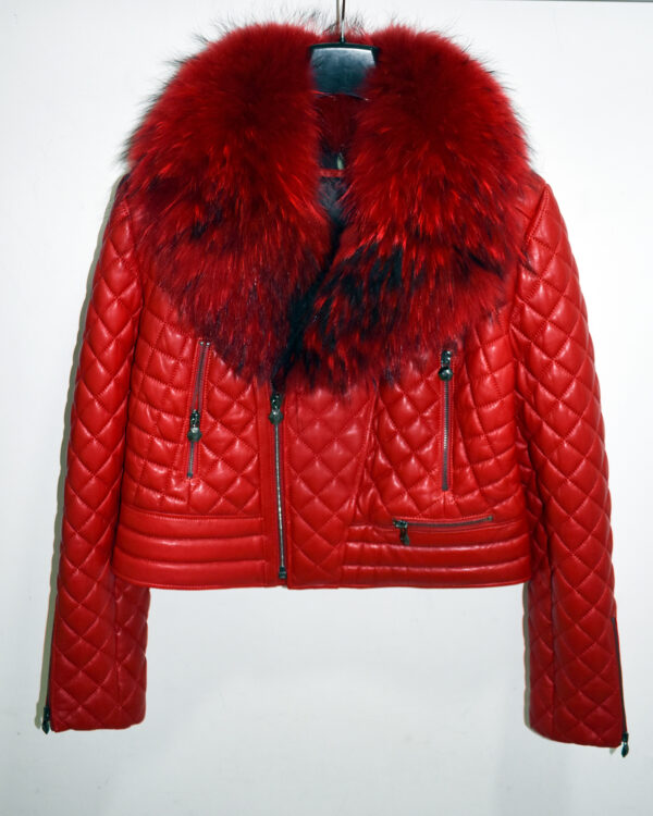 Blue Fox Fur Trim Quilted Genuine Leather Women's Biker Jacket