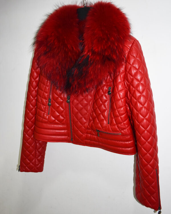 Blue Fox Fur Trim Quilted Genuine Leather Women's Biker Jacket