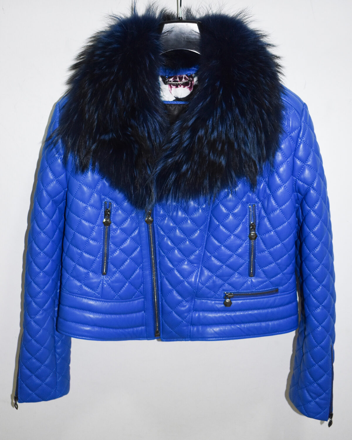 Blue Fox Fur Trim Quilted Genuine Leather Women's Biker Jacket