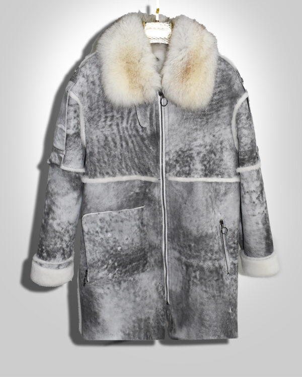 Handmade Genuine Shearling Fur Coat with Fox Fur Collar