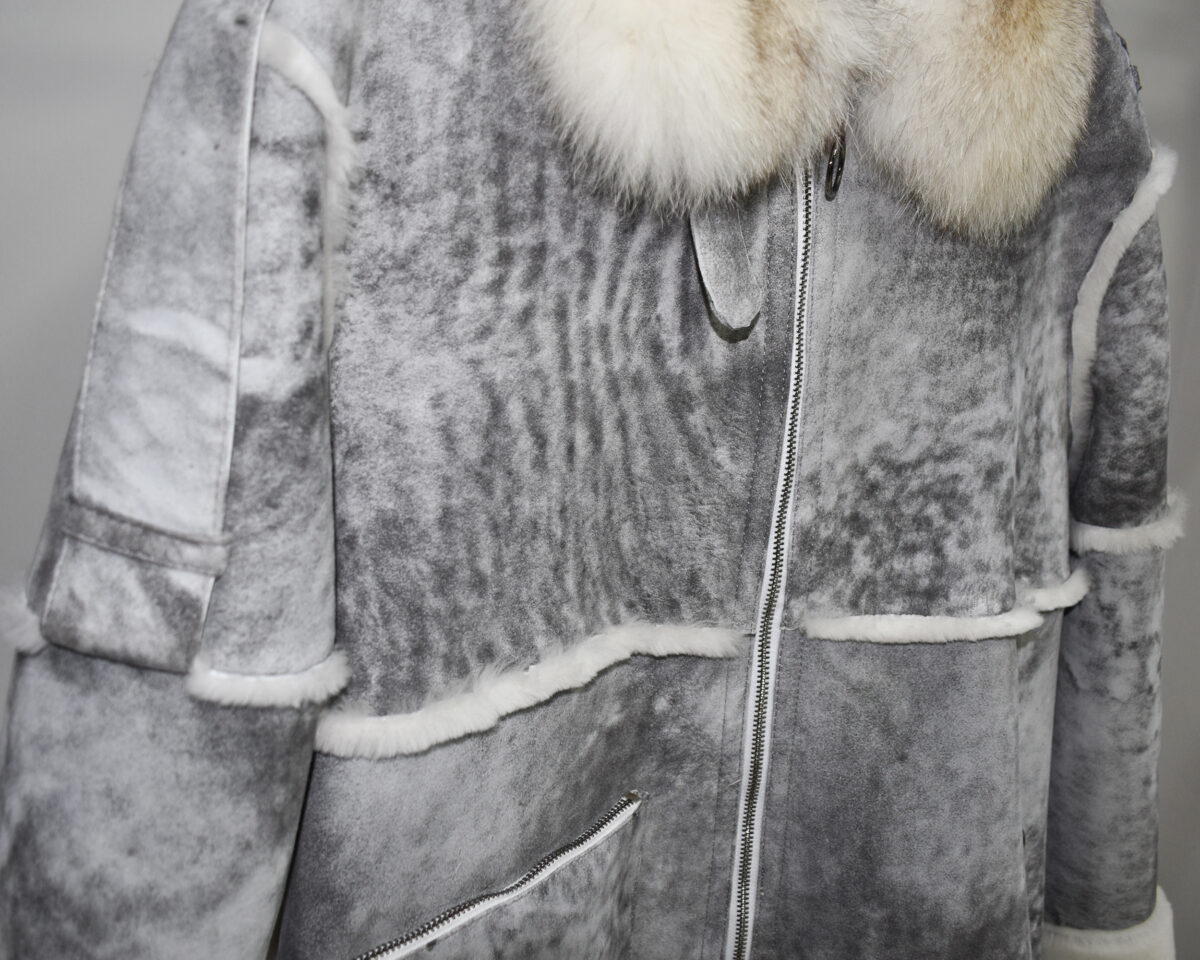 Handmade Genuine Shearling Fur Coat with Fox Fur Collar