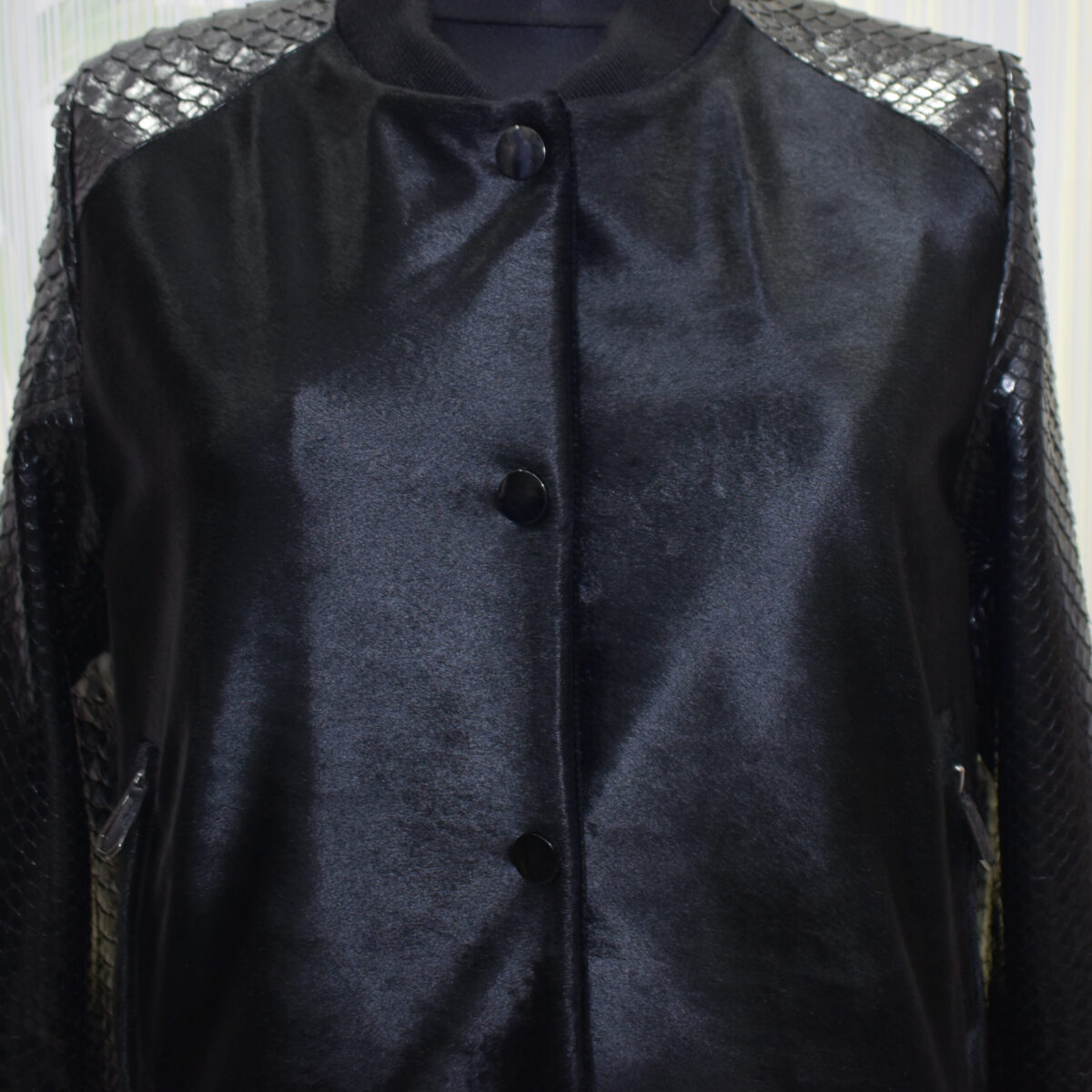 Pony Hair Genuine Python Leather Black Bomber Jacket