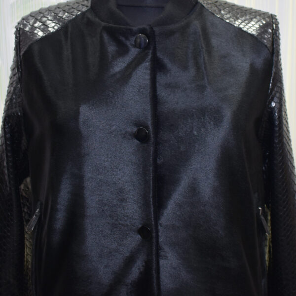 Pony Hair Genuine Python Leather Black Bomber Jacket