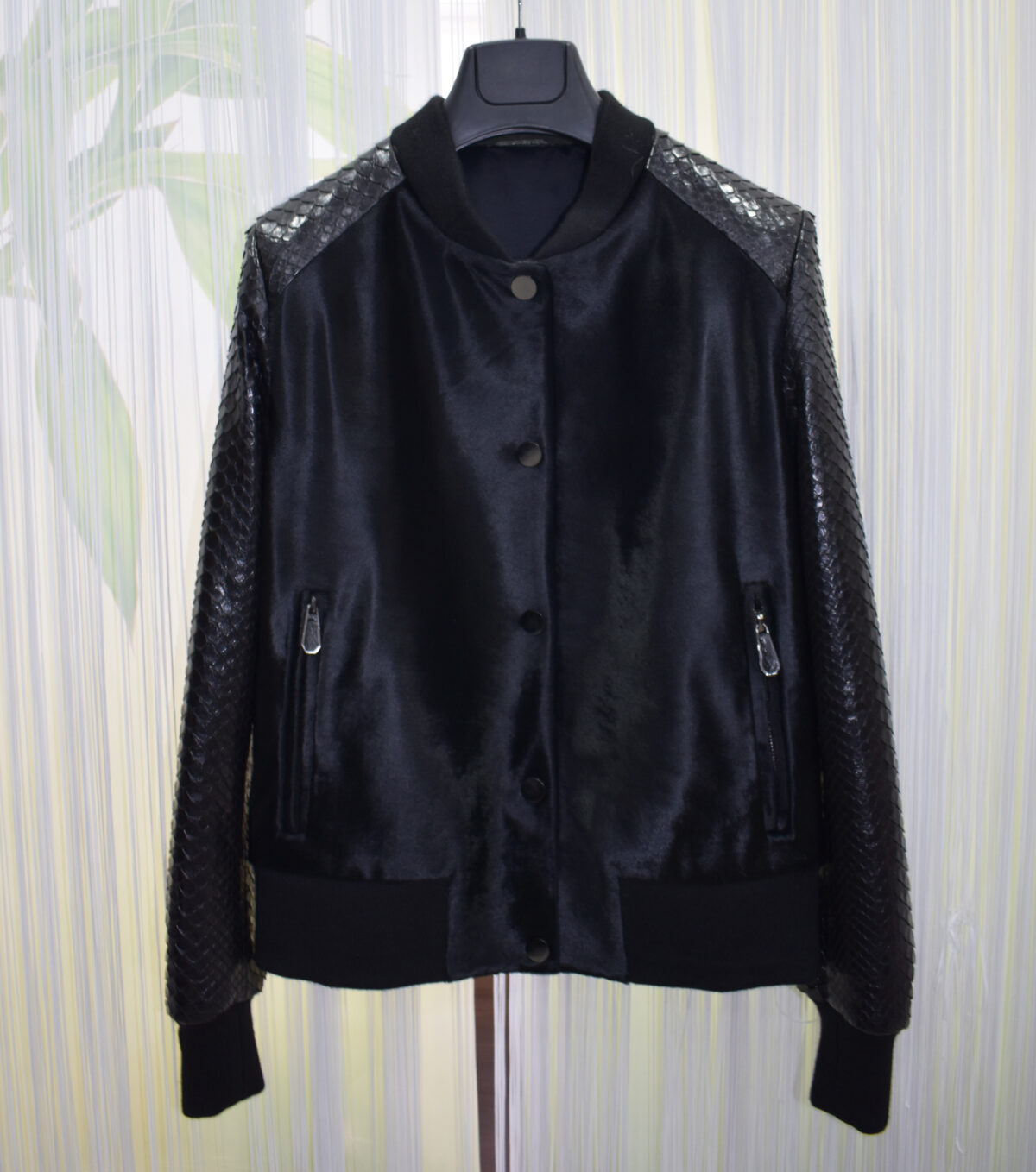 Pony Hair Genuine Python Leather Black Bomber Jacket