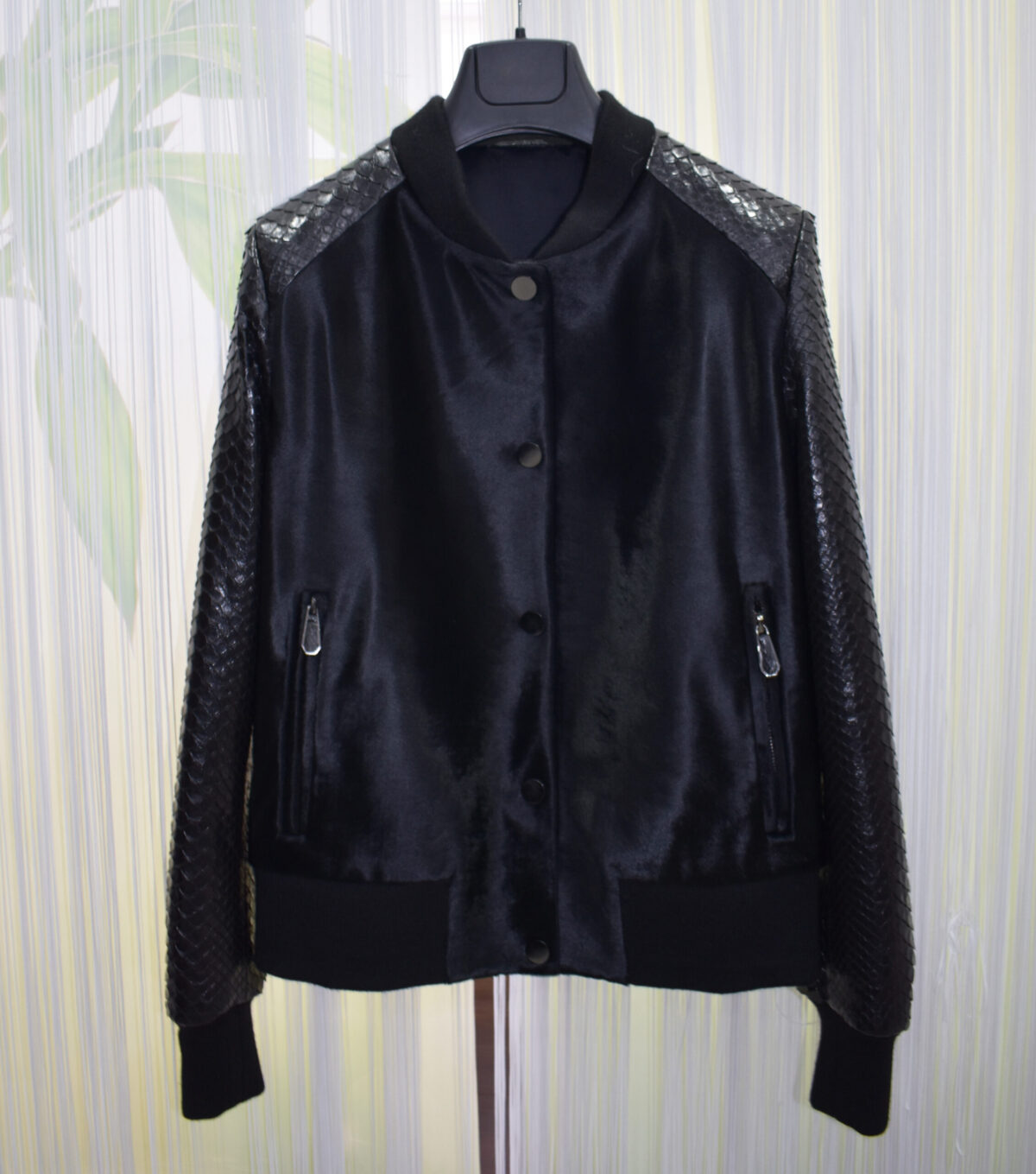 Pony Hair Genuine Python Leather Black Bomber Jacket