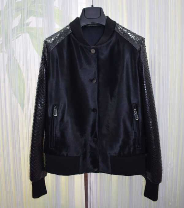 Pony Hair Genuine Python Leather Black Bomber Jacket