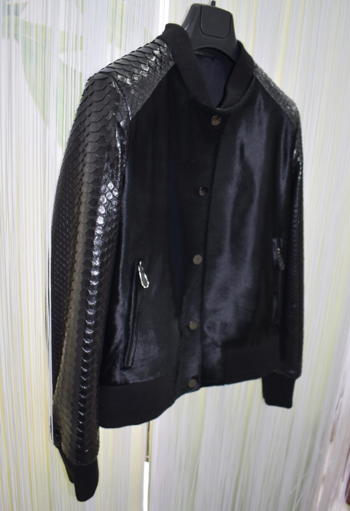 Pony Hair Genuine Python Leather Black Bomber Jacket