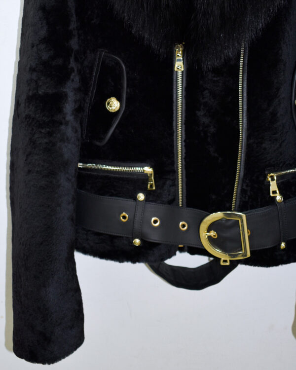 Astrakhan Fur Black Fox Fur Collar Women's Belted Biker Jacket