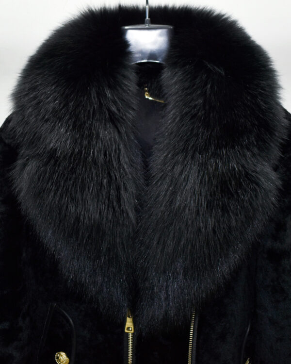 Astrakhan Fur Black Fox Fur Collar Women's Belted Biker Jacket