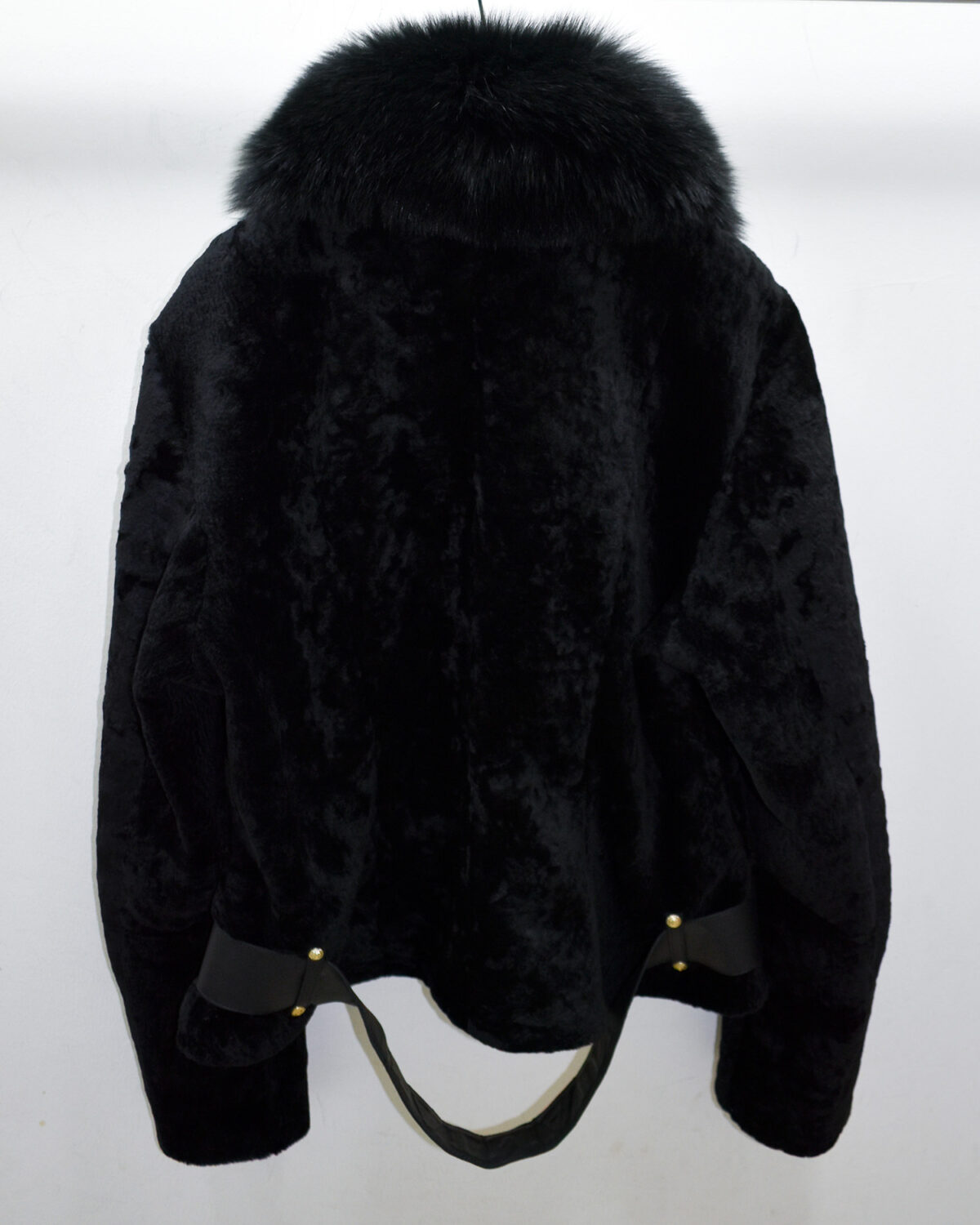Astrakhan Fur Black Fox Fur Collar Women's Belted Biker Jacket