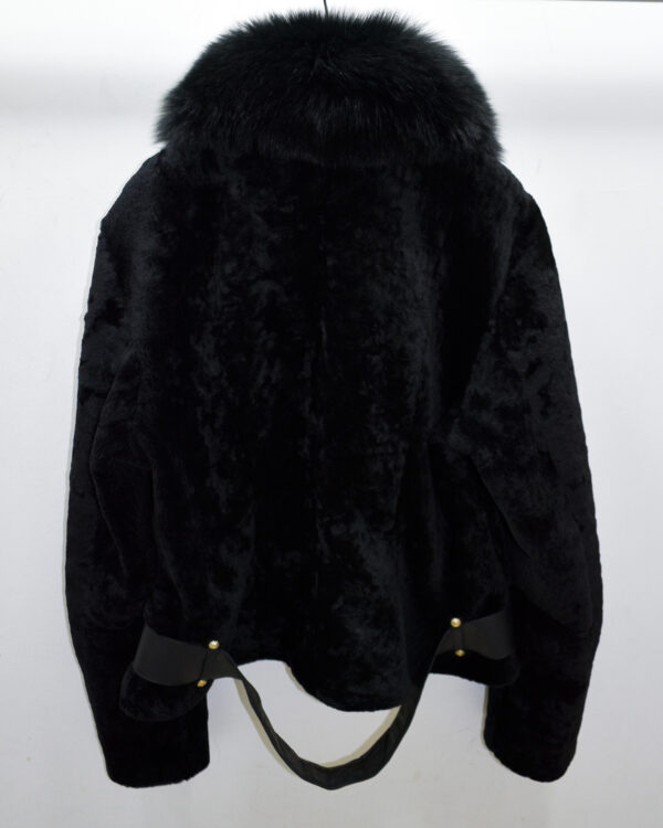 Astrakhan Fur Black Fox Fur Collar Women's Belted Biker Jacket