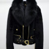 Astrakhan Fur Black Fox Fur Collar Women's Belted Biker Jacket