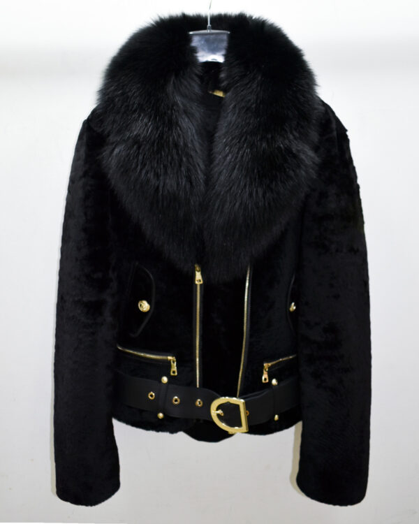 Astrakhan Fur Black Fox Fur Collar Women's Belted Biker Jacket