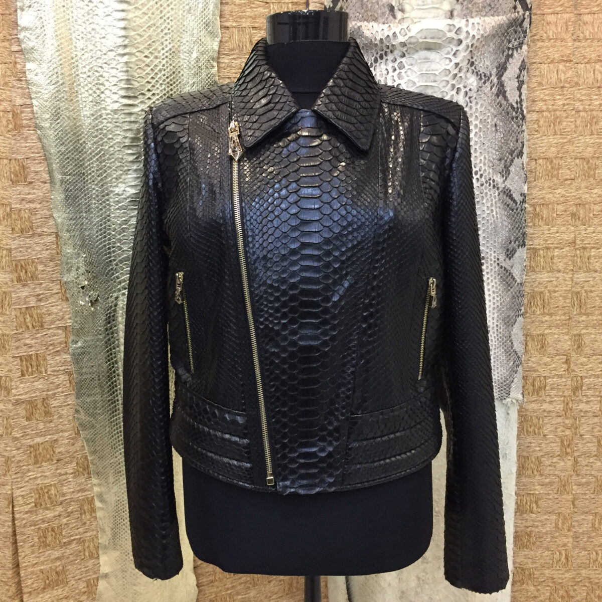 Black Python Biker Jacket with Satin Lining