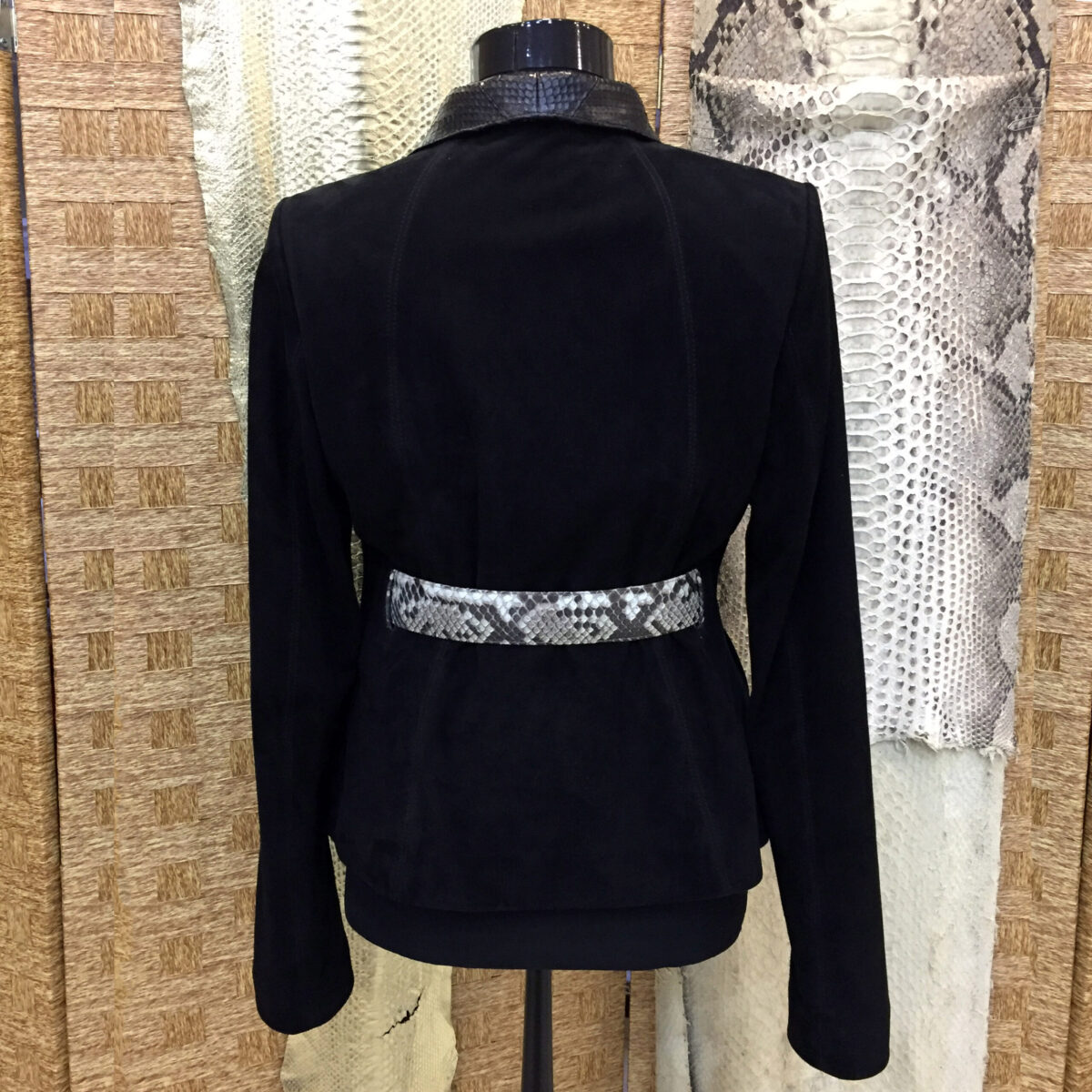 Belted Black and White Leather Jacket with Python Trim