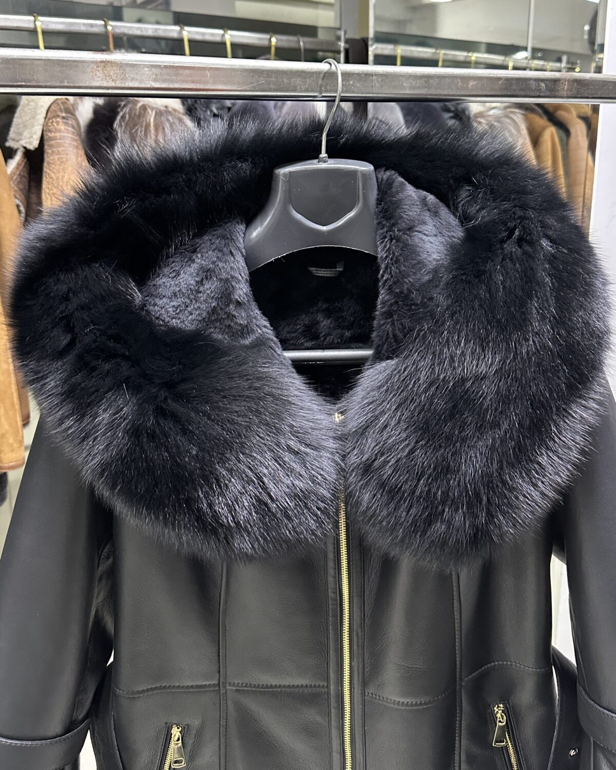 Fox Fur Hooded Shearling Overcoat: Women's Belted Black Fur Coat