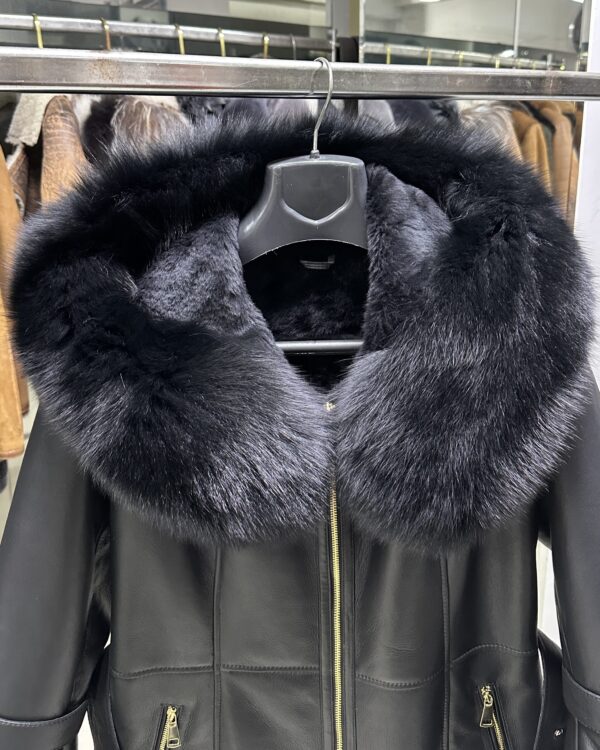 Fox Fur Hooded Shearling Overcoat: Women's Belted Black Fur Coat