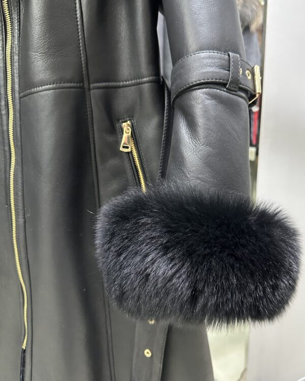 Fox Fur Hooded Shearling Overcoat: Women's Belted Black Fur Coat