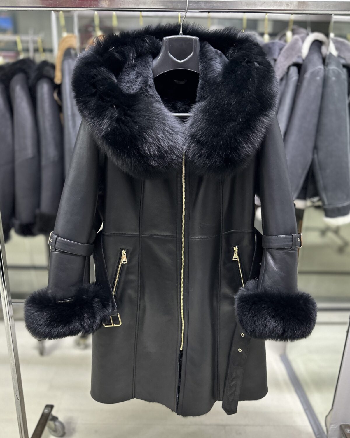 Fox Fur Hooded Shearling Overcoat: Women's Belted Black Fur Coat