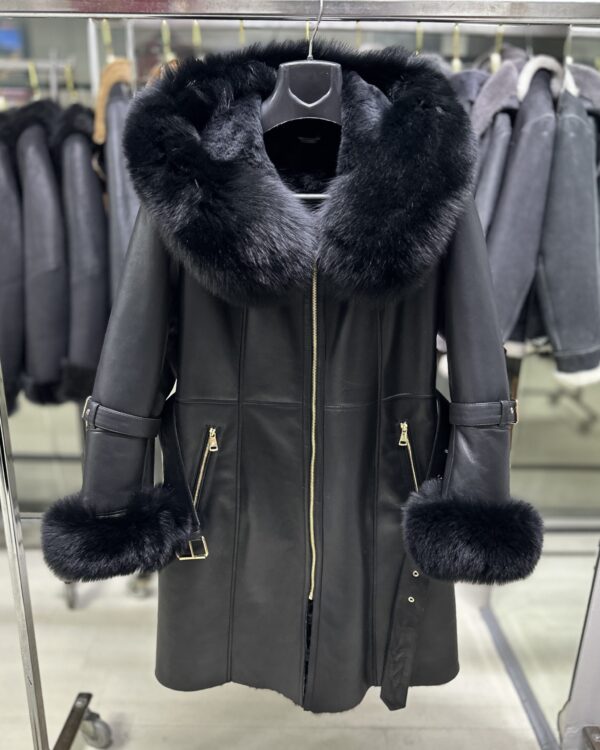 Fox Fur Hooded Shearling Overcoat: Women's Belted Black Fur Coat
