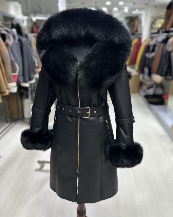 Fox Fur Hooded Shearling Overcoat: Women's Belted Black Fur Coat