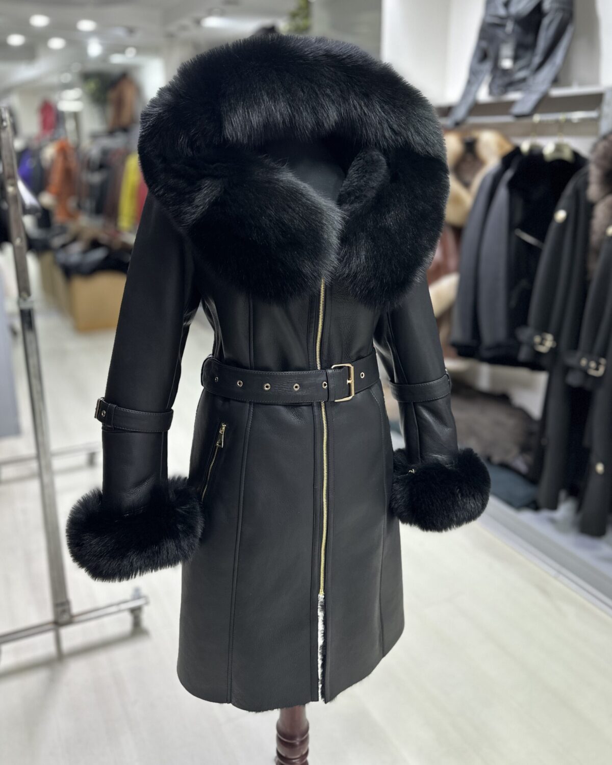 Fox Fur Hooded Shearling Overcoat: Women's Belted Black Fur Coat