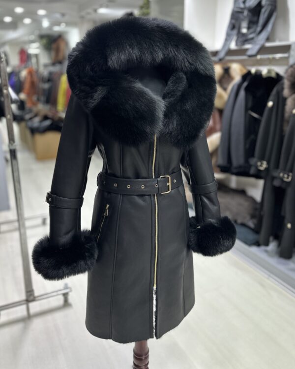 Fox Fur Hooded Shearling Overcoat: Women's Belted Black Fur Coat