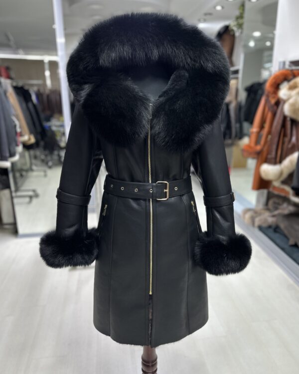 Fox Fur Hooded Shearling Overcoat: Women's Belted Black Fur Coat