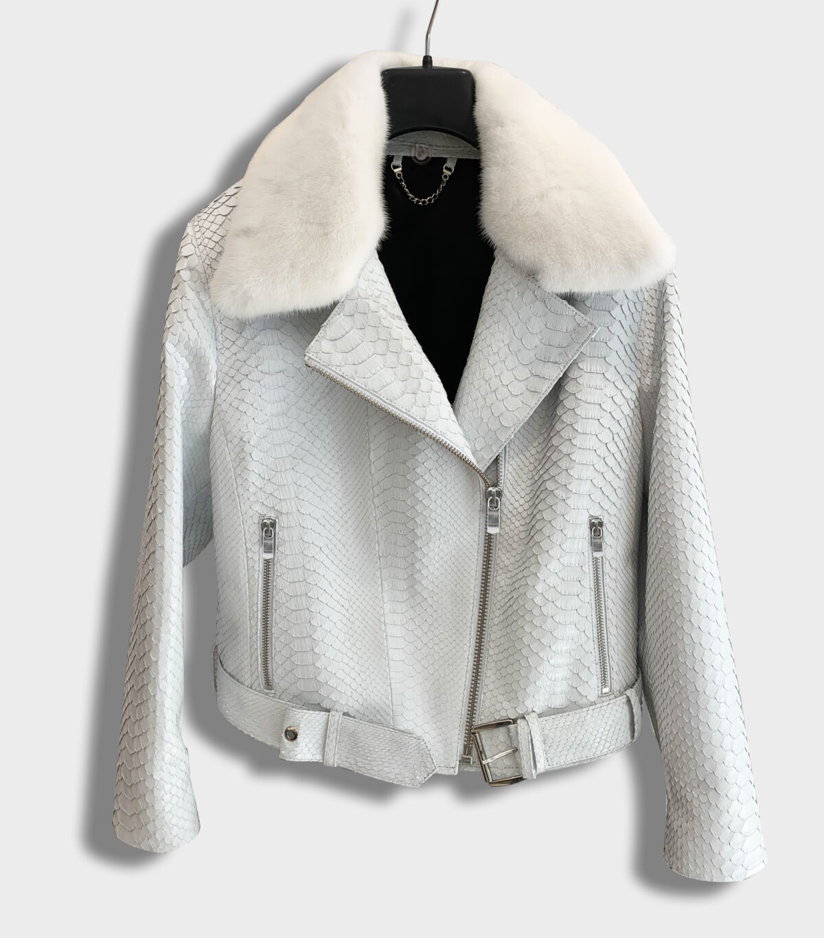 Genuine Python Leather Real Mink Fur Collar White Exotic Biker Jacket