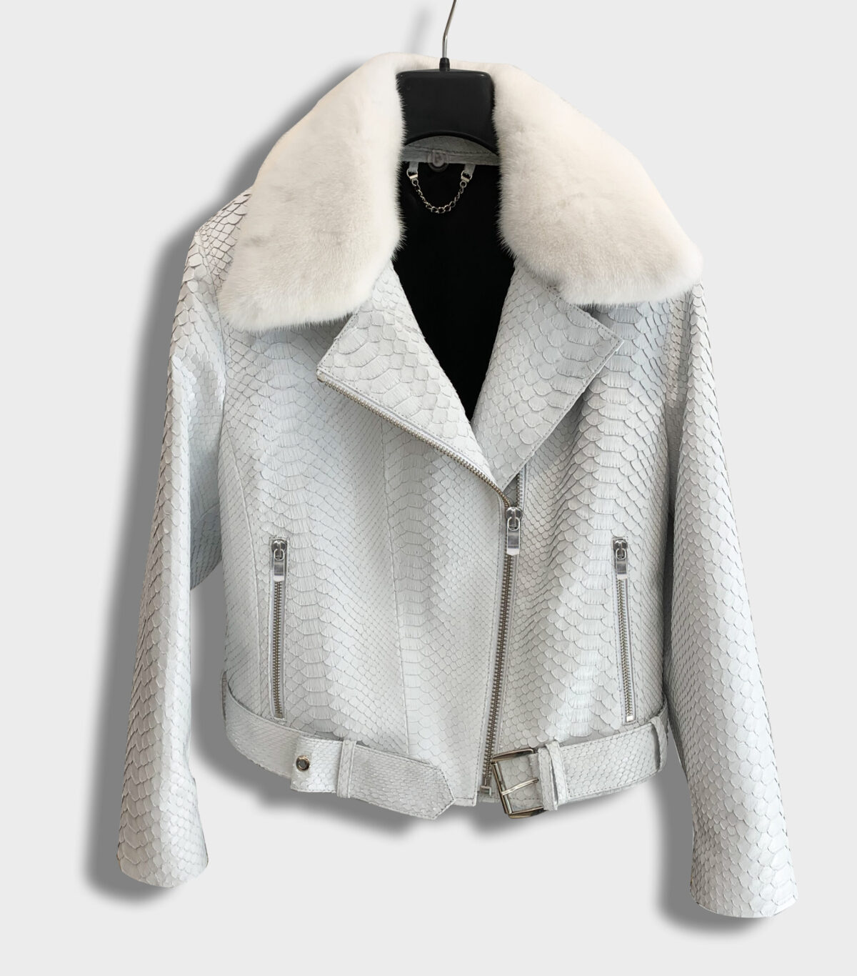 Genuine Python Leather Real Mink Fur Collar White Exotic Biker Jacket
