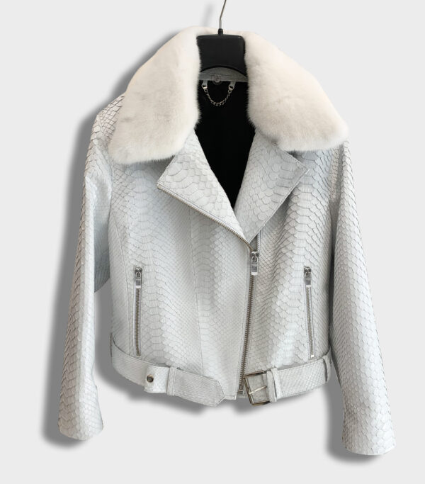 Genuine Python Leather Real Mink Fur Collar White Exotic Biker Jacket