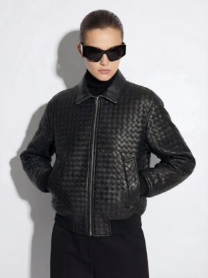 Intrecciato Lambskin Blouson Hand Woven Genuine Leather Women's Lambskin Bomber Jacket