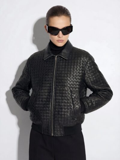 Intrecciato Lambskin Blouson Hand Woven Genuine Leather Women's Lambskin Bomber Jacket